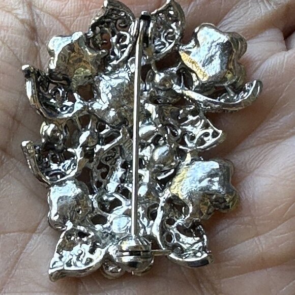 VTG Brooch Pin 1 3/8" AB Rhinestones Blooming Flower Cluster Rhodium Plated MCM - Picture 4 of 5